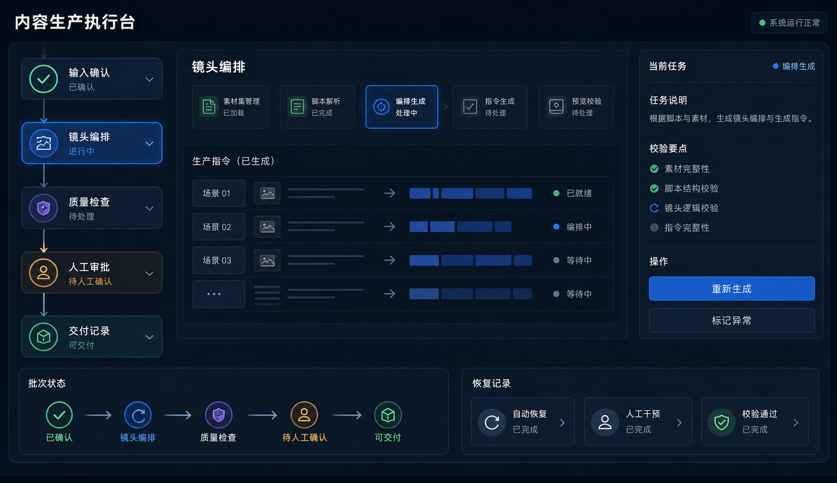 已交付内容生产执行系统界面，展示镜头编排、人工审批、质量检查和恢复记录