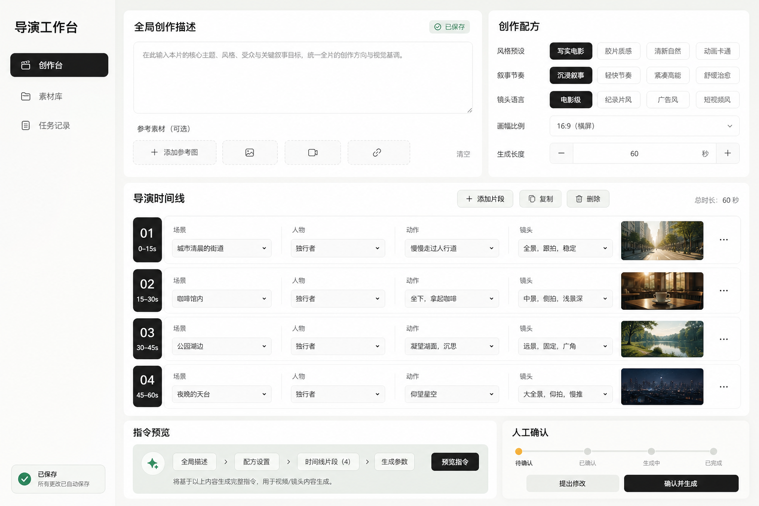 已交付导演工作台界面，展示全局创作描述、分段时间线、镜头提示和人工确认